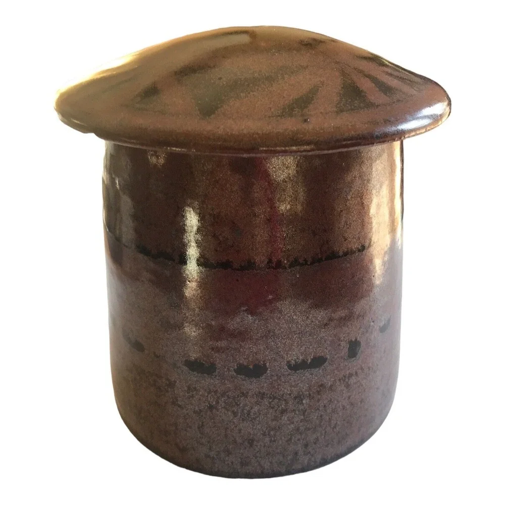 Mushroom Stoneware canister with‎ lid ~ signed